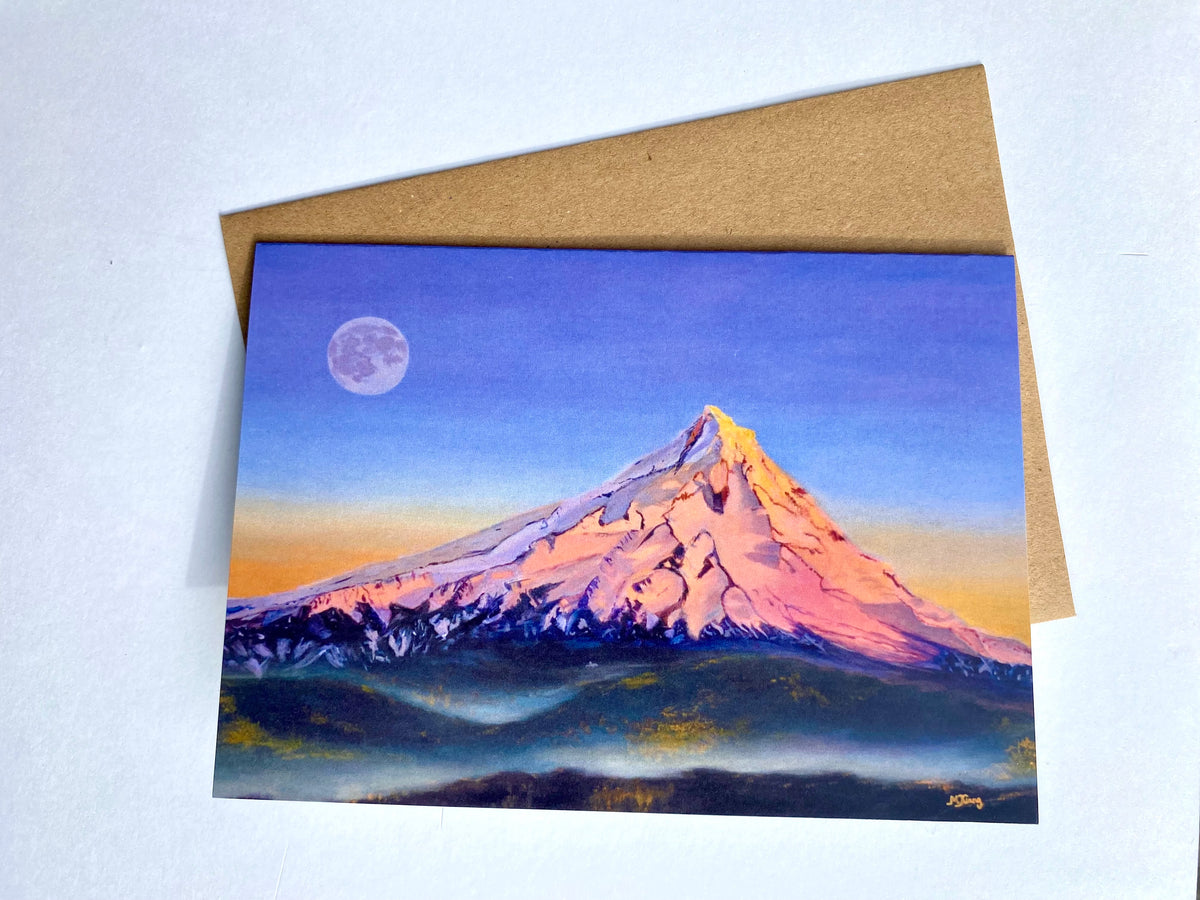 Mt Hood Moonrise Alpenglow -- Greeting Card
