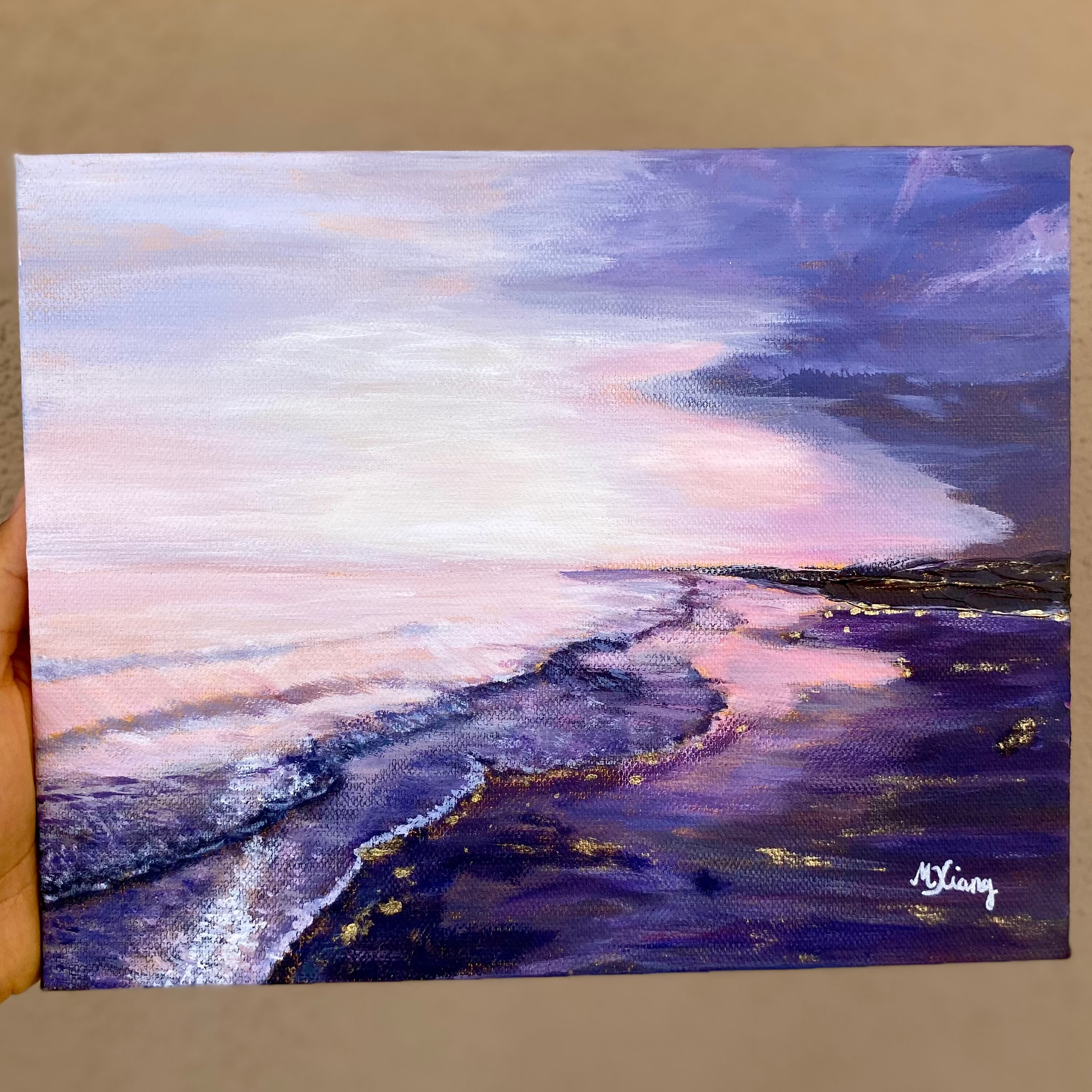 Original acrylic painting depicting tide receding from the beach at twilight, leaving iridescent treasures on the beach