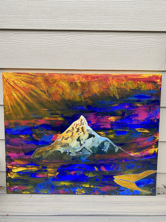 Colorful impressionistic mountain landscape of Mt Jefferson and the Metolius River painting on a wooden background