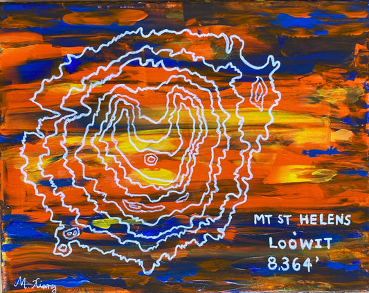 Colorful abstract painting of Mount St. Helens with an artistic interpretation of Mt St. Helens topography over the background on a stretched canvas. Mt. St. Helens elevation is written at the bottom right lower corner.