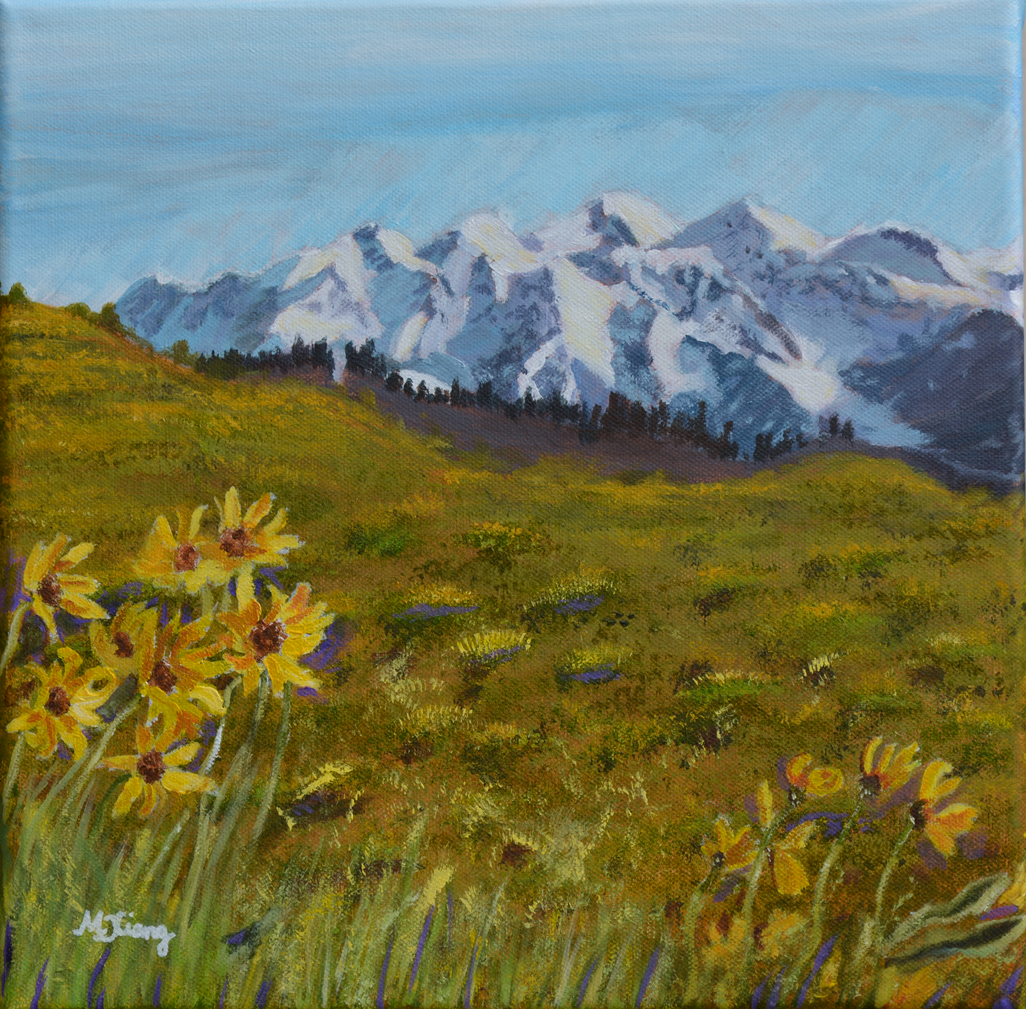 Wallowa Mountains with Balsamroot Wildflowers Original Painting - "PNW Petites" Collection