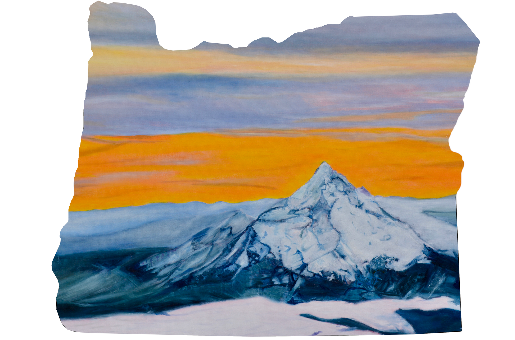 Vinyl sticker of artistic depiction of a mountain Mt Hood landscape with a sunset in shape of the state of Oregon 