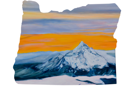 Vinyl sticker of artistic depiction of a mountain Mt Hood landscape with a sunset in shape of the state of Oregon 
