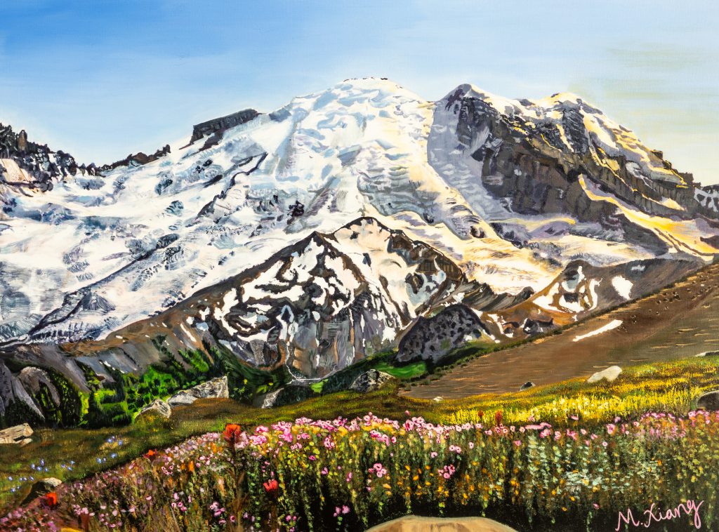 Painting depicting Mt Rainier National Park with detailed glaciers on Mt. Rainier / Tahoma in the background and wildflowers in the foreground all bathed in golden glow of sunset